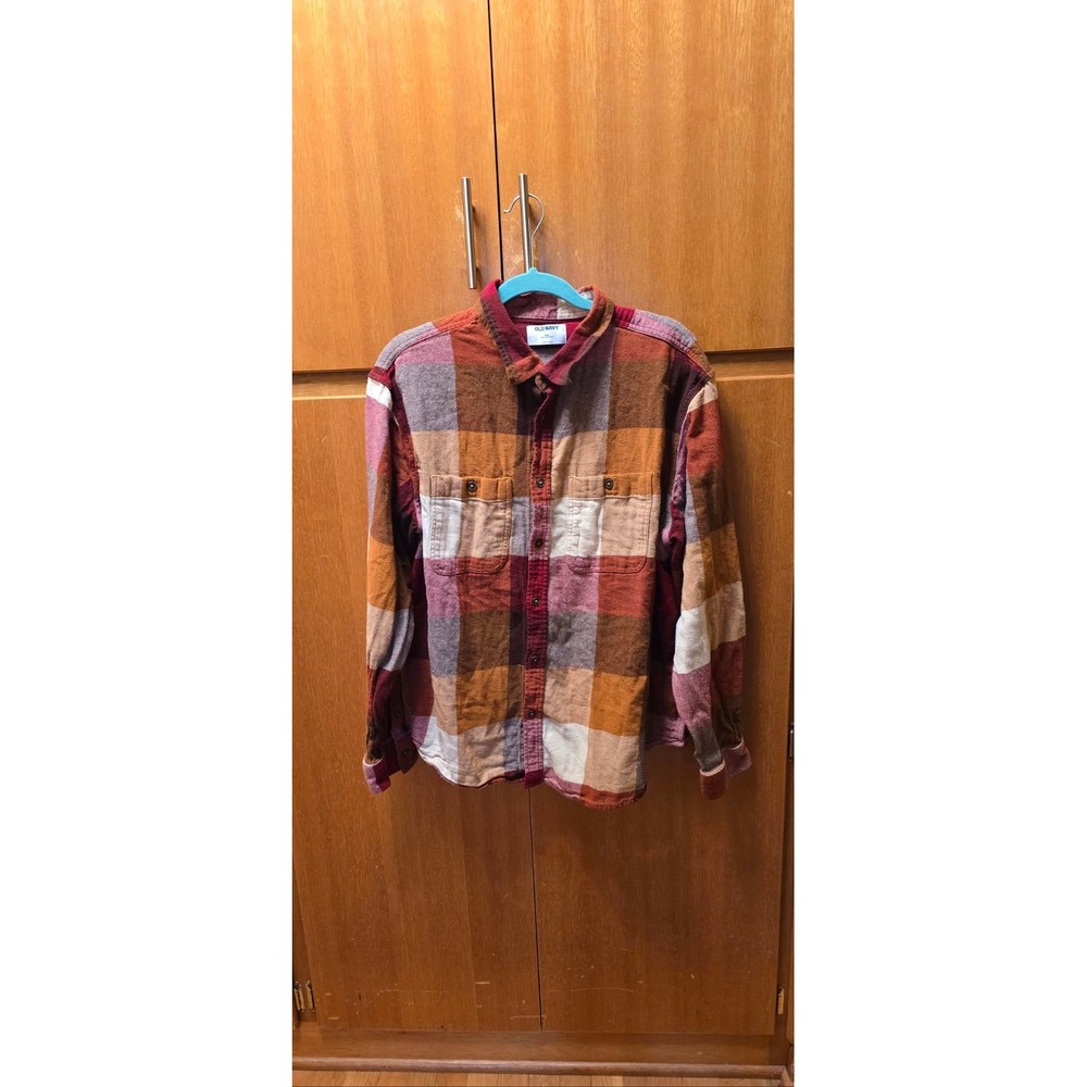 Old Navy Flannel Shirt‎ Mens XXL Red Orange Plaid Double-Brushed Long Sleeve